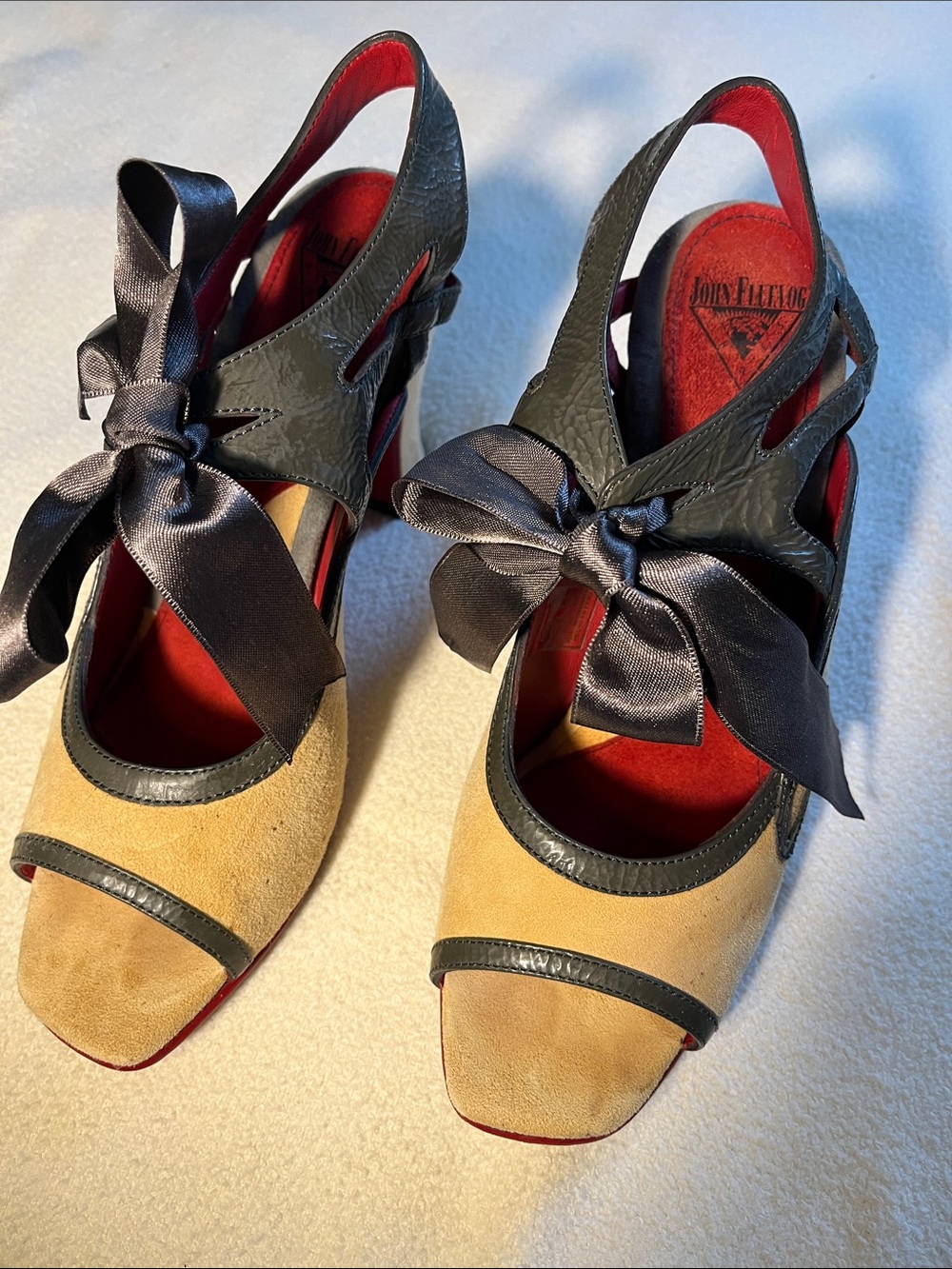 John Fluevog Miracles Two-Tone Slingback Heels in Beige, Olive & Red